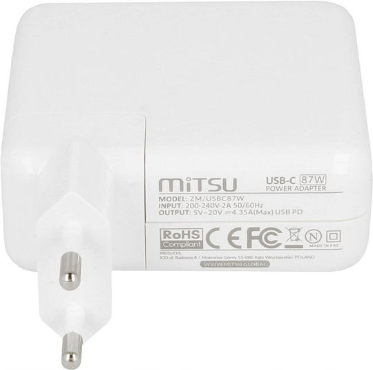 Mitsu 87w Usb-c Power Adapter Usbc 5-20.2v 3-4.3a White Notebook