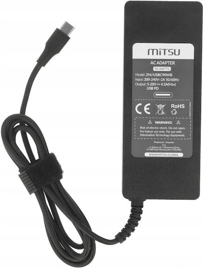 Mitsu 90w Usb-c Power Adapter Usbc 5-20v 3-4.5a Black Notebook