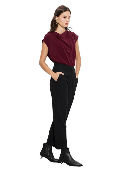 Women's High-waisted Fabric Trousers with Elastic Black
