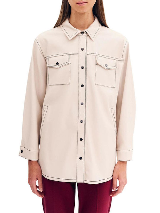 Women's Leather Long Sleeve Shirt Beige