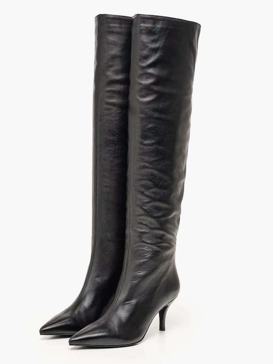 Schwarze Damenstiefel aus Leder Über dem Knie