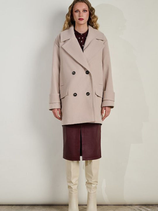 Women's Beige Peacoat with Buttons