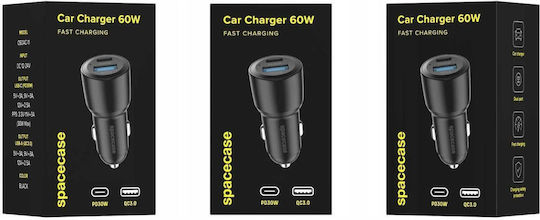 Spacecase Spacecase Autoladegerät 60W 2.5A Schnellladen mit Anschlüssen 1xUSB-A 1xType-C Schwarz Farbe