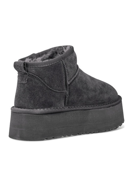 Ghete De Piele Dama Ankle Boots Cu Blană Gri