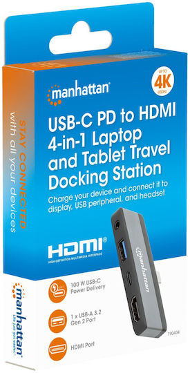 Manhattan USB-C Докинг станция с HDMI 4K PD Сив (190404)