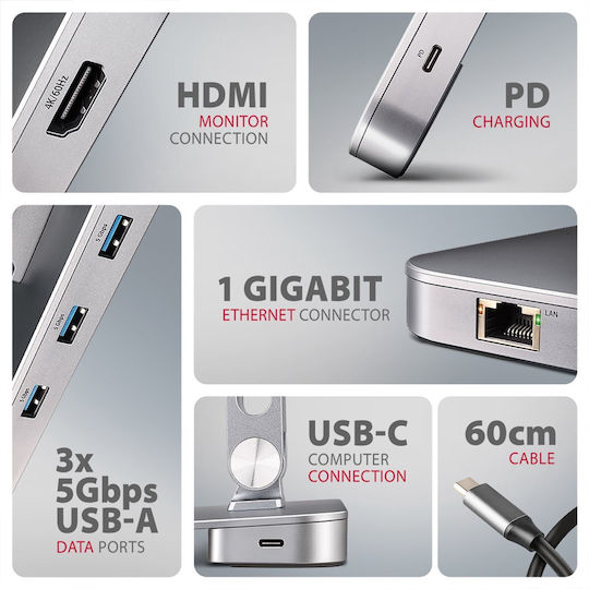 Axagon USB-C Dockingstation mit HDMI 4K PowerDelivery Ethernet Silber