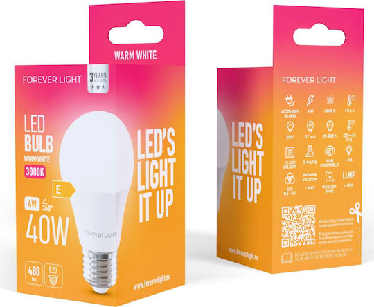 Forever Light Bulb Λάμπα LED 4W για Ντουί E27 και Σχήμα A55 Θερμό Λευκό 480lm