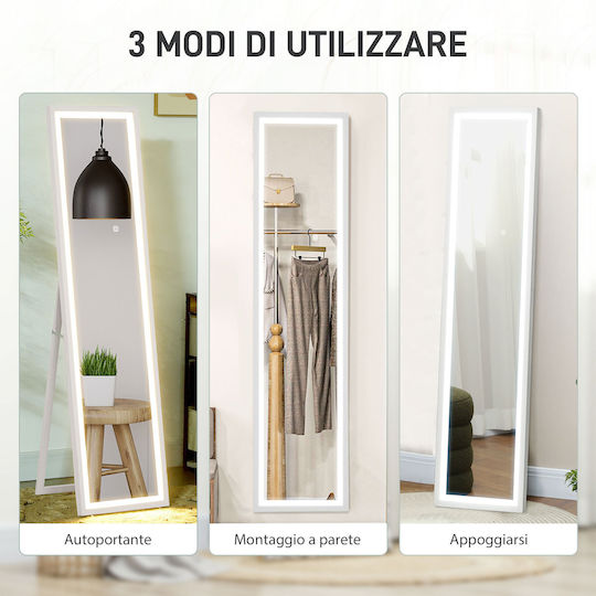 HomCom Boden- oder Standspiegel mit Weißem Holzrahmen & LED Beleuchtung 160x40cm