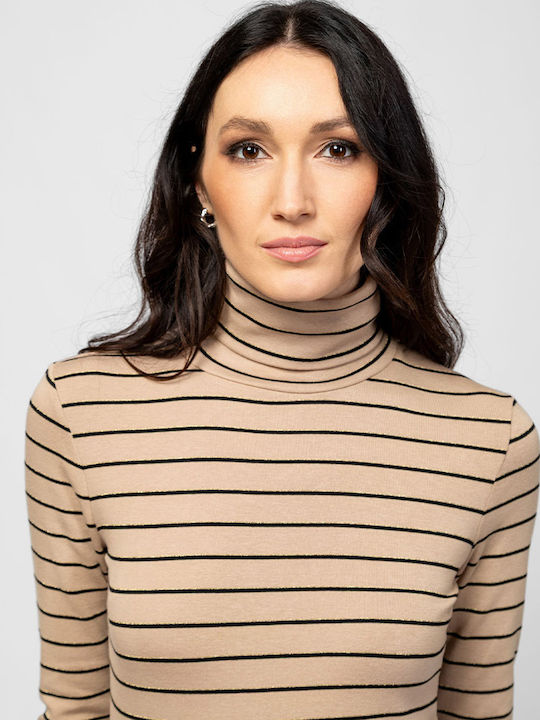 Women's Blouse Cotton Long Sleeve Turtleneck Striped Beige