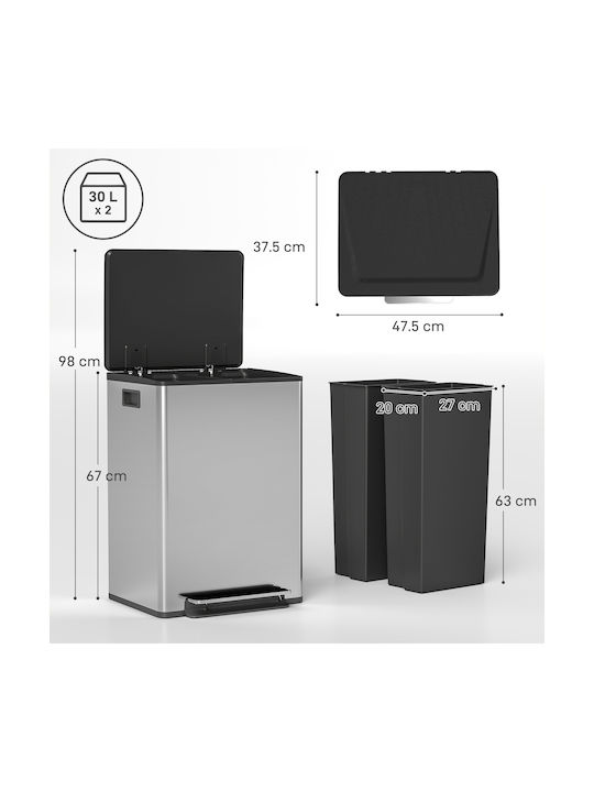 HomCom Waste Bin Waste made of Stainless Steel with Pedal Silver 30lt 1pcs