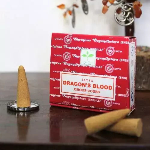 Satya Dragon's Blood Dhoop Räucherkegel Keramischer Halterung 12 Stück