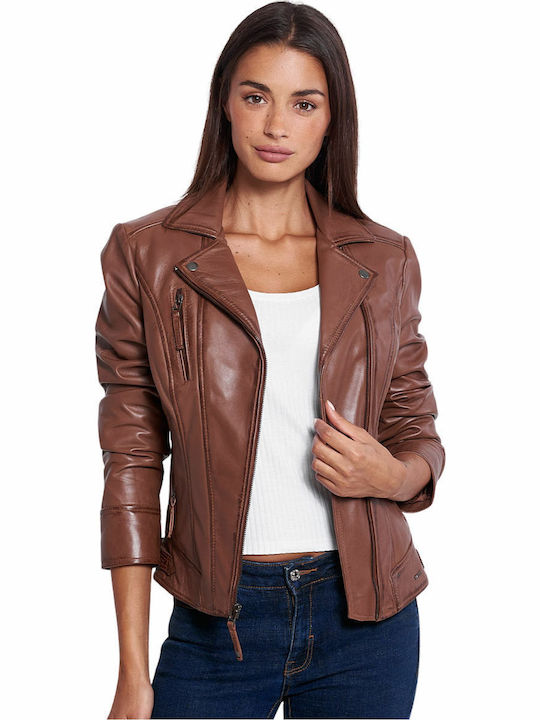 Damen Leder Jacke Für Winter Kognak