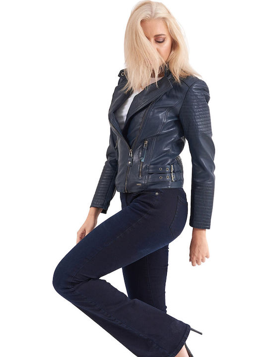 Calypso Δερμάτινο Γυναικείο Biker Jacket Μπλε