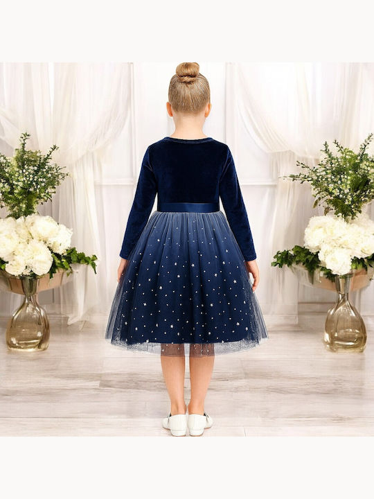 Mädchenkleid Langärmelig Samt Set aus 2 mit Zubehör Blau