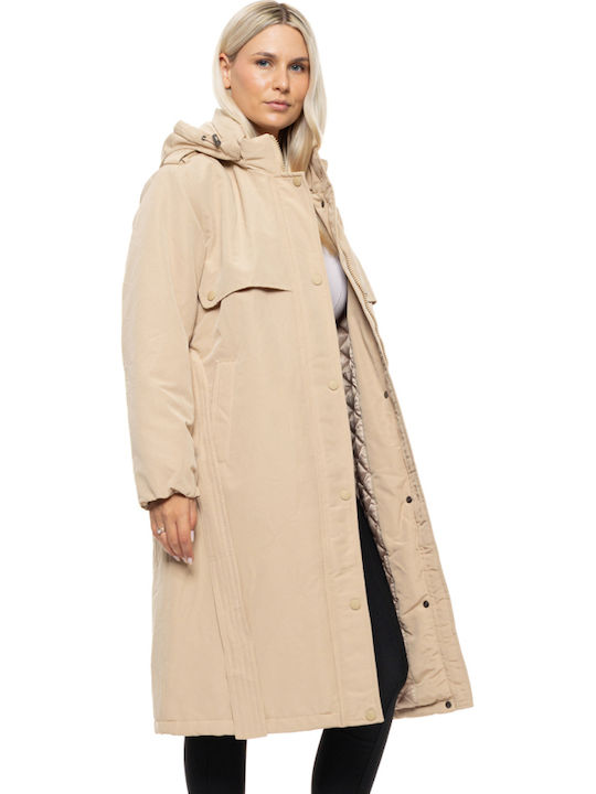 Women's Long Lifestyle Jacket for Spring or Autumn with Detachable Hood Lt Beige