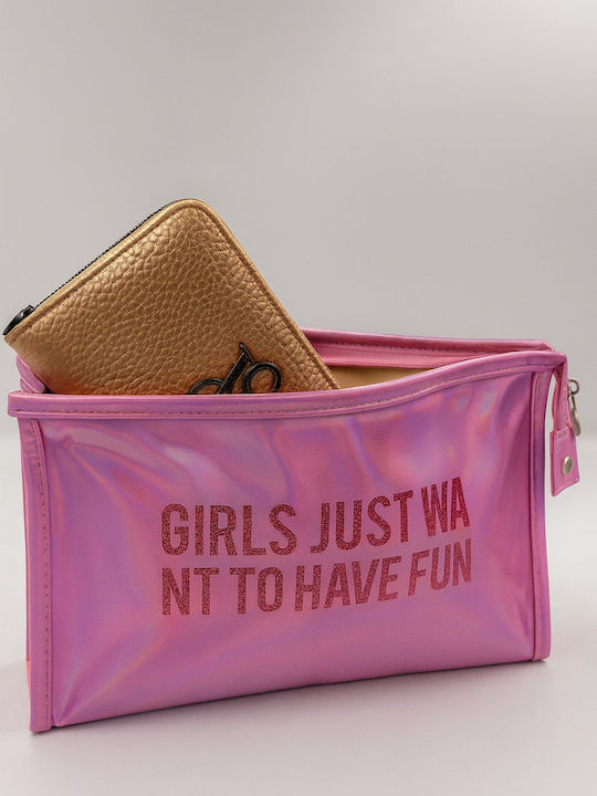 Roza Rz210 Waterproof Women's Toiletry Bag Pink Iridescent Glitter Print “Girls Just Want To Have Fun” 25x16cm