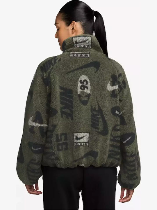 Nike Sportswear Κοντή Fleece Γυναικεία Ζακέτα με Φερμουάρ σε Πράσινο Χρώμα