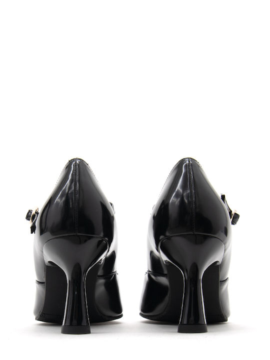 Patent Leather Pointed Toe Black High Heels with Strap