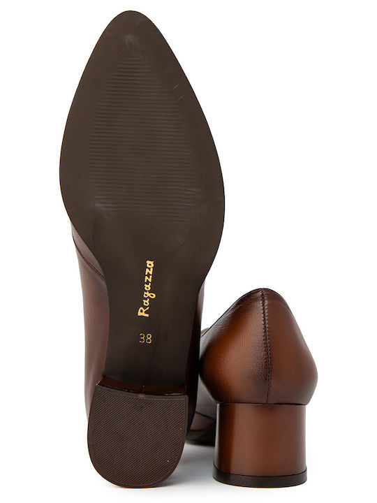 Pantofi cu Toc din Piele cu Toc Mic Maro Tabac