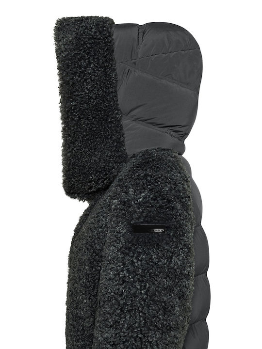 Damen Grün Mantel Teddy mit Kapuze & Fellbesatz