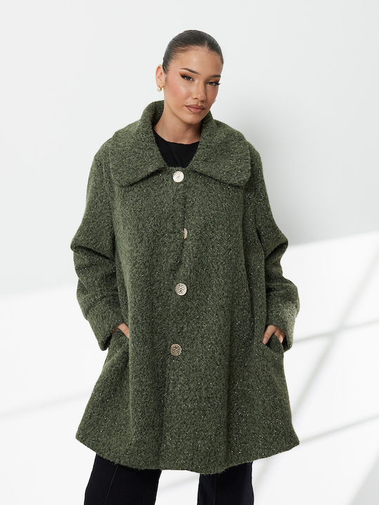 Wolle Damen Green Mantel Oversized mit Knöpfen