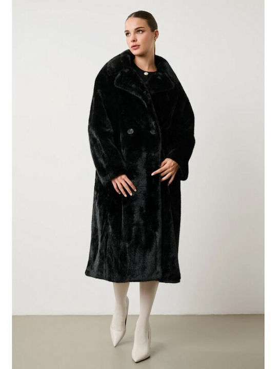Women's Black Coat with Fur Details