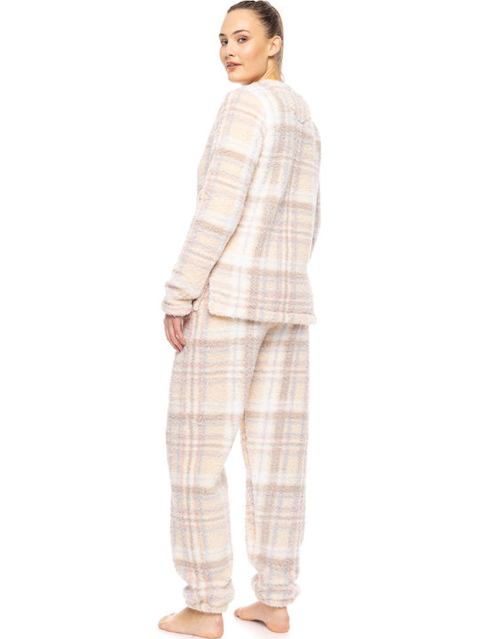 Pink Label Χειμερινό Γυναικείο Σετ Πιτζάμας Fleece Εκρού