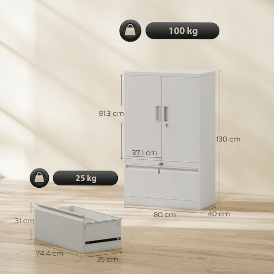 Office Storage Metal Cabinet with Lock & Drawers White L80xW40xH130cm