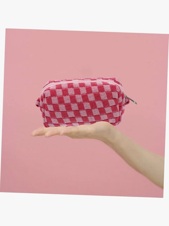 Toiletry Bag Cosmetic Woven Checkered Pink Zipper