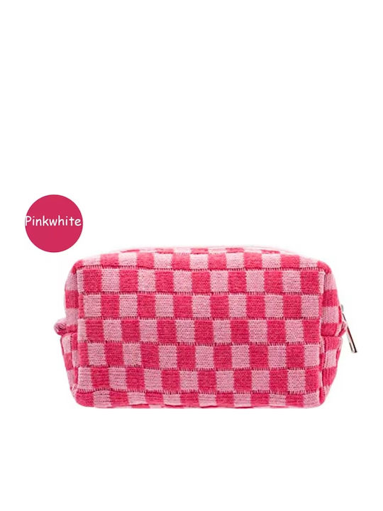 Toiletry Bag Cosmetic Woven Checkered Pink Zipper