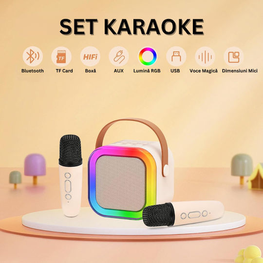 Set 2 Microfoane Karaoke Boxă Wireless Bluetooth Rgb Led Light Sunet Stereo 3D 5 Efecte Vocale Card Microsd Aux Petreceri Spectacole Copii Adulți Portabil Usb Cablu Type-c Inclus Crem