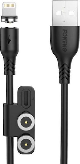 Foneng X62 Magnetic Cablu USB la Lightning / Type-C / micro USB cu mai multe porturi 2.1A Negru 1m