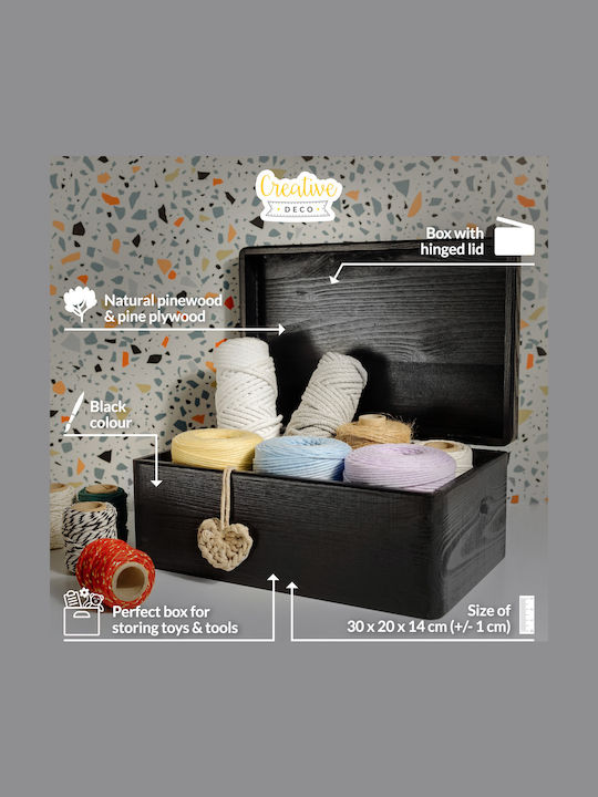 Creative Deco Schwarze Große Holz-Aufbewahrungsbox mit Deckel 30 x 20 x 14 cm + 1 cm Ohne Griffe Dekorative Truhe Ideal für Dokumente Andenken Spielzeug Werkzeuge
