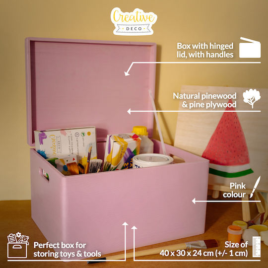 Cutie de Depozitare Mare din Lemn Creative Deco XXL Roz 40 x 30 x 24 cm + 1 cm Mânere Capac Decorativ Perfectă pentru Documente Amintiri Jucării Unelte