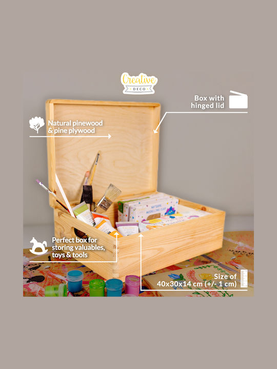 Cutie Mare din Lemn Creative Deco XL cu Capac pentru Decorațiuni 40 x 30 x 13 cm + Mânere de 1 cm, Cufăr din Lemn Nepictat pentru Documente, Jucării, Unelte, Brut, Neterminat