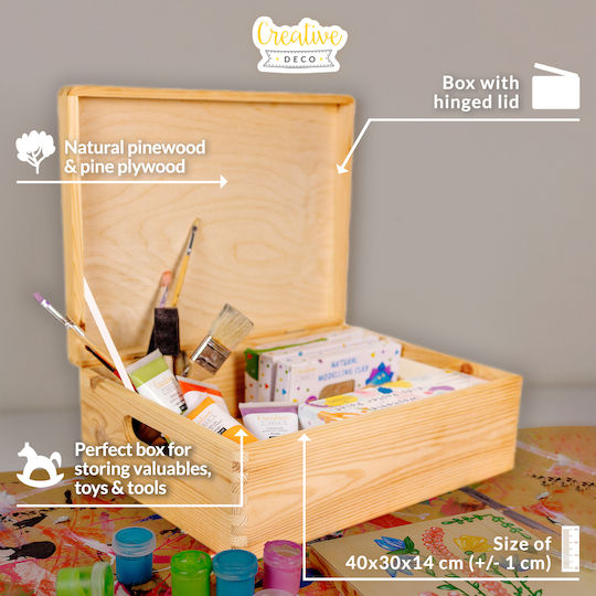 Creative Deco Xl Large Wooden Box Lid Decoration 40 X 30 X 13 Cm + 1 Cm Handles Unpainted Wooden Chest Documents Toys Tools Raw Unfinished
