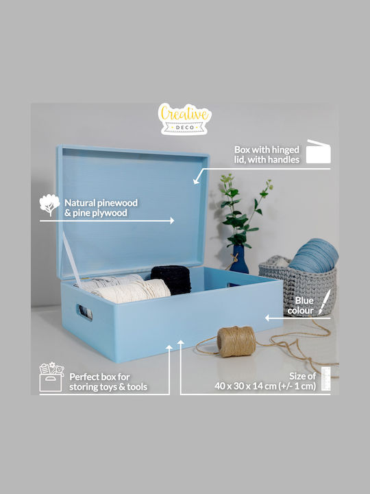 Creative Deco XL Blaue Große Holz-Aufbewahrungsbox 40 x 30 x 14 cm + 1 cm Griffe Deckel Dekorative Truhe Perfekt für Dokumente Andenken Spielzeug Werkzeuge