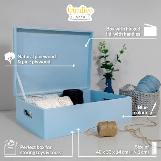 Cutie de Depozitare Mare din Lemn Creative Deco XL Albastră 40 X 30 X 14 Cm + 1 Cm Mânere Capac Decorativ Perfectă pentru Documente Amintiri Jucării Unelte