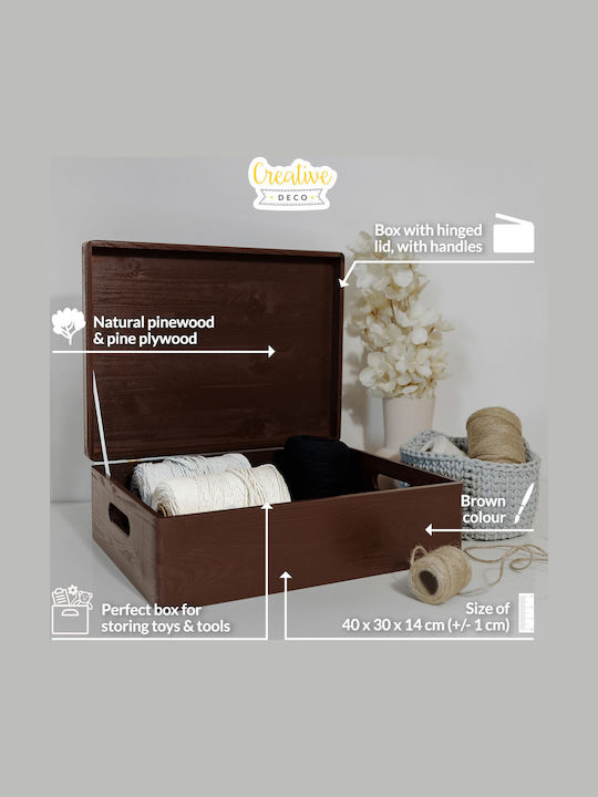Creative Deco Xl Brown Large Wooden Storage Box 40 X 30 X 14 Cm + 1 Cm Handles Lid Decorative Chest Perfect Documents Memorabilia Toys Tools