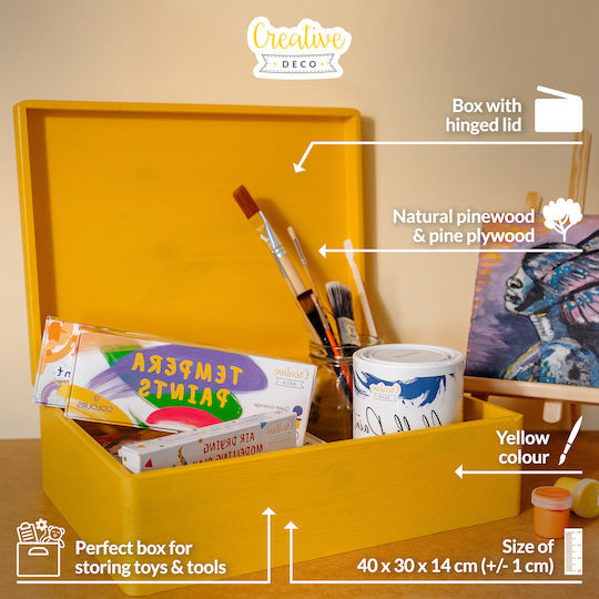 Cutie de Depozitare Mare din Lemn Creative Deco XL Galben cu Capac 40 X 30 X 14 Cm + 1 Cm Fără Mânere Cufăr Decorativ Ideal pentru Documente Amintiri Jucării Unelte