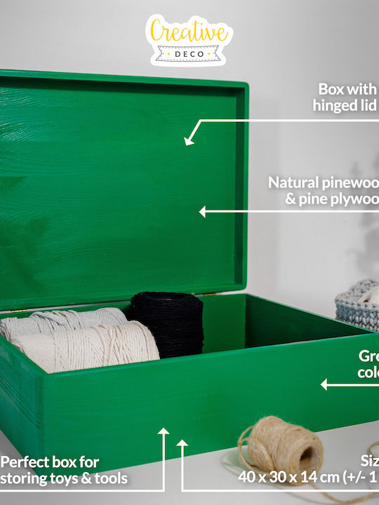 Creative Deco Xl Green Large Wooden Storage Box Lid 40 X 30 X 14 Cm + 1 Cm Without Handles Decorative Chest Perfect Documents Memorabilia Toys Tools