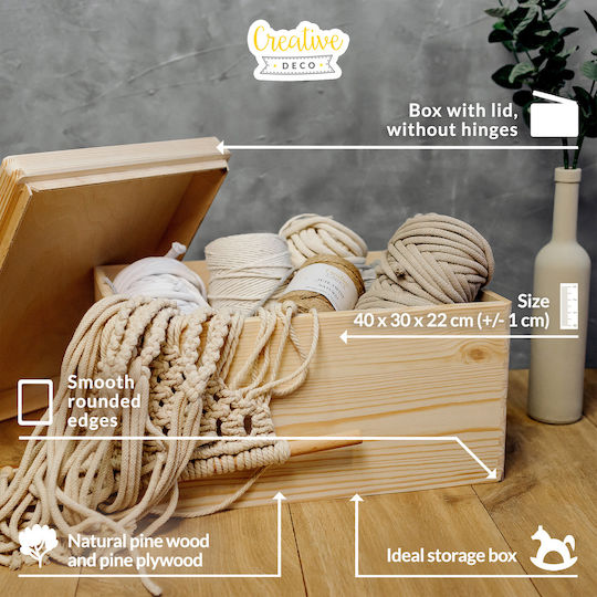 Creative Deco Xxl Large Wooden Box Lid Decoration 40 X 30 X 22 Cm + 1 Cm Without Handles Unpainted Wooden Chest Documents Toys Tools Raw Unsmoothed