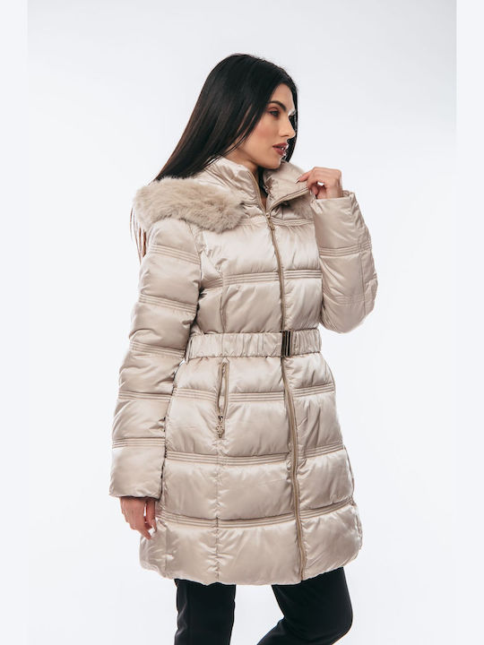 Women's Long Lifestyle Jacket for Winter with Detachable Hood Beige