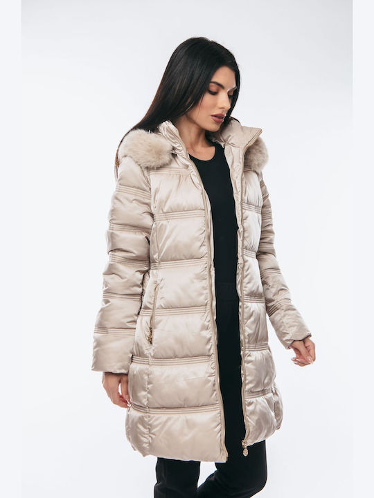Women's Long Lifestyle Jacket for Winter with Detachable Hood Beige