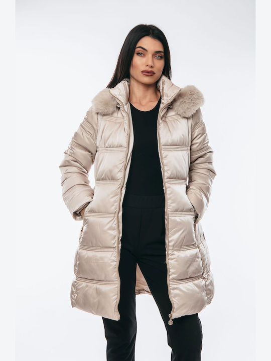 Women's Long Lifestyle Jacket for Winter with Detachable Hood Beige