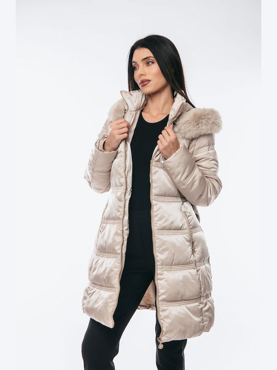 Women's Long Lifestyle Jacket for Winter with Detachable Hood Beige