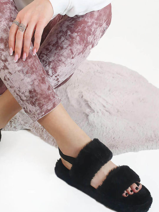 Black Fur Slippers Two Straps