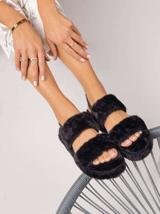 Black Fur Slippers Two Straps