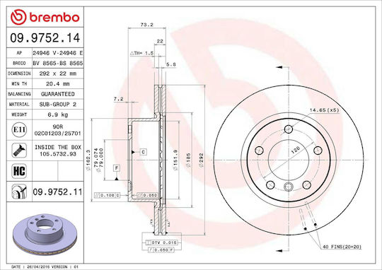 Disc de frână Brembo 09975211 pentru Bmw 3 E90