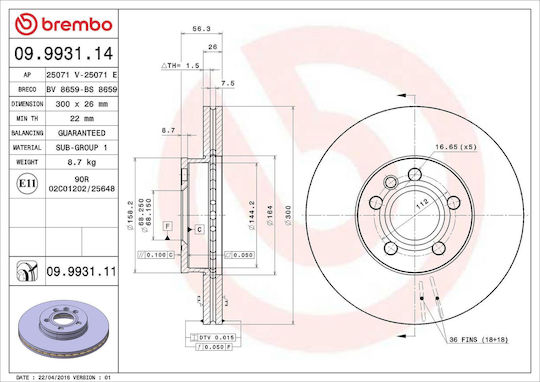 Brake Disc Vw Sharan 7m8 7m9 7m6 Brembo 09993111
